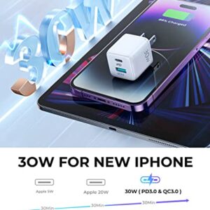 USB C Charger, 30W Mini 2-Port Fast Charger Block [PD&QC 3.0&PPS 25W] GaN+ Wall Charger Adapter Super Fast Charging for iPhone 14/14 Pro/13/12/X/XS/SE/Galaxy S22/Note 20/10+/iPad Pro/Pixel 6