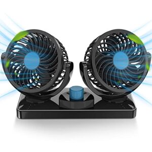fivejoy car fan 360 degree rotatable – 12v dc electric 2 speed dual head fans, quiet strong dashboard cooling air circulator fan for sedan suv rv boat auto vehicles golf or home father’s day