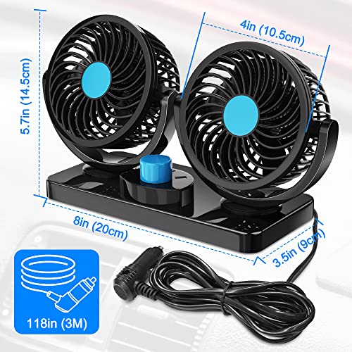 FiveJoy Car Fan 360 Degree Rotatable - 12V DC Electric 2 Speed Dual Head Fans, Quiet Strong Dashboard Cooling Air Circulator Fan for Sedan SUV RV Boat Auto Vehicles Golf or Home Father's Day