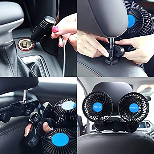 QIFUN Electric Car Fans for Rear Seat Passenger Portable Car Seat Fan, 4 Inches 12V Headrest 360° Rotatable Backseat Car Cooling Air Fan with Cigarette Lighter Plug for Vehicles, SUV, RV, Boat