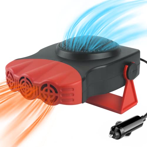 Car Heater 12V 150W Automobile Windscreen Fan Function for Quickly Defrost Defogger Demister Vehicle Heater, with 3-Outlet Plug in Cigarette Lighter 2 in 1 Fast Heating/Cooling（Red）