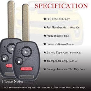 Key Fob Remote Replacement Fits Honda CR-V 2007 2008 2009 2010 2011 2012 2013/CR-Z 2011-2014 2015/Fit/Insight/Accord Coupe/Crosstour MLBHLIK-1T Keyless Entry Remote Control 35111-SWA-306(Pack of 2)