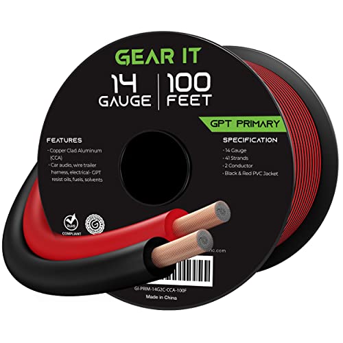 GearIT 14 Gauge Wire (100ft - Black/Red) GPT Automotive Primary Bonded Wire - Copper Clad Aluminum CCA - Car Audio, Speaker Wire, Trailer Harness, Electrical - 100 Feet Total 14ga awg