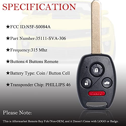 Key Fob Remote Replacement Fits for Honda Civic EX Si Hybrid 2006 2007 2008 2009 2010 2011 2012 2013 Acura Mdx 2007-2013 N5F-S0084A Keyless Entry 4 Buttons Remote Control 35111-SVA-306(Pack of 1)