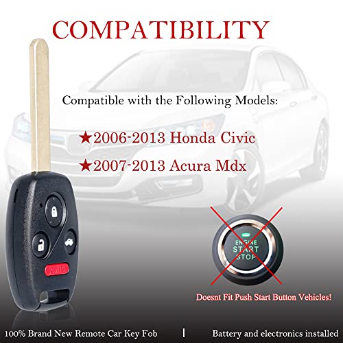 Key Fob Remote Replacement Fits for Honda Civic EX Si Hybrid 2006 2007 2008 2009 2010 2011 2012 2013 Acura Mdx 2007-2013 N5F-S0084A Keyless Entry 4 Buttons Remote Control 35111-SVA-306(Pack of 1)