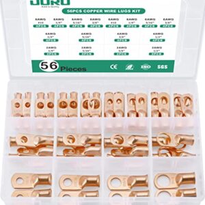 OURU 56PCS Battery Cable Lugs Kit,AWG 8 6 4 2 Gauge Heavy Duty Copper Wire Lugs Battery Cable Ends Terminals Connectors,Bare Copper Eyelet Ring Terminal