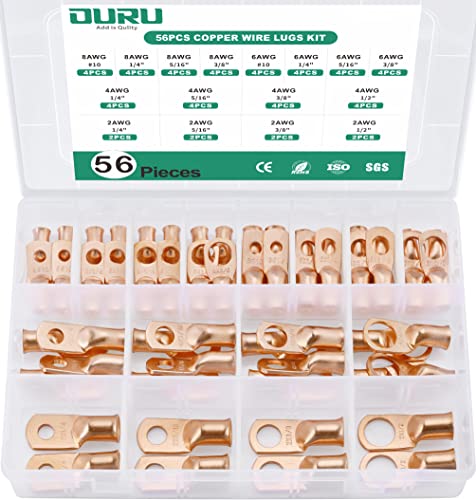 OURU 56PCS Battery Cable Lugs Kit,AWG 8 6 4 2 Gauge Heavy Duty Copper Wire Lugs Battery Cable Ends Terminals Connectors,Bare Copper Eyelet Ring Terminal