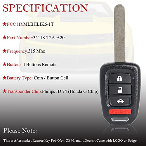 Key Fob Remote Replacement Fits for Honda Civic 2014 2015/Accord 2013-2015 MLBHLIK6-1T Keyless Entry Remote Control Uncut 4 Buttons 315 MHz G Chip (35118-T2A-A20)