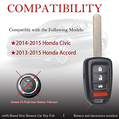 Key Fob Remote Replacement Fits for Honda Civic 2014 2015/Accord 2013-2015 MLBHLIK6-1T Keyless Entry Remote Control Uncut 4 Buttons 315 MHz G Chip (35118-T2A-A20)