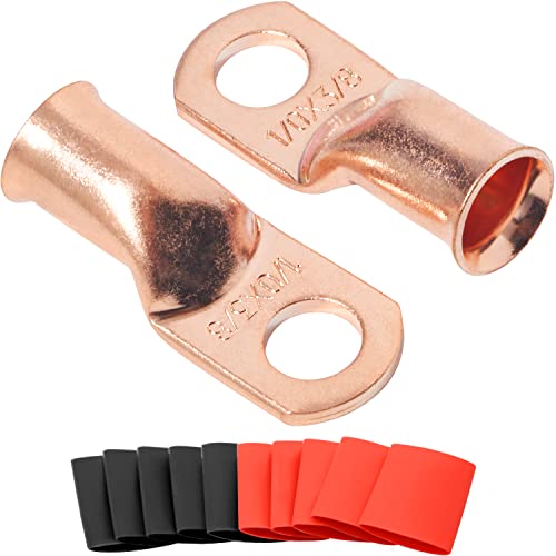 SVAAR 1/0 AWG-3/8" Battery Cable Lugs 10pcs 0 Gauge Copper Wire lugs, Heavy Duty Battery Cable Ends,0 AWG Lugs UL Listed Closed End Eyelets Tubular Ring Terminal Connectors with 3:1 Heat Shrink Tube