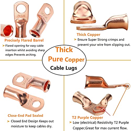 SVAAR 1/0 AWG-3/8" Battery Cable Lugs 10pcs 0 Gauge Copper Wire lugs, Heavy Duty Battery Cable Ends,0 AWG Lugs UL Listed Closed End Eyelets Tubular Ring Terminal Connectors with 3:1 Heat Shrink Tube