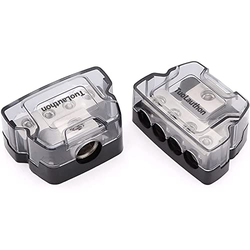 TuoLauthon 2PCS 4 Way Power Distribution Block 1x 0/2/4 Gauge in / 4x 4/8/10 Gauge Out Nickel Plated Car Audio Splitter Amp Distribution Connecting Block