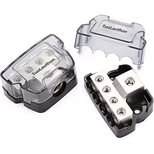 TuoLauthon 2PCS 4 Way Power Distribution Block 1x 0/2/4 Gauge in / 4x 4/8/10 Gauge Out Nickel Plated Car Audio Splitter Amp Distribution Connecting Block