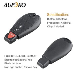 Aupoko GQ4-53T Keyless Entry Remote Key Fob, 3 Buttons Smart Key 56046953,56046953AE, 56046953AC,56046953AG, Compatible with Dodge Ram 1500 2500 3500 - 2 PC