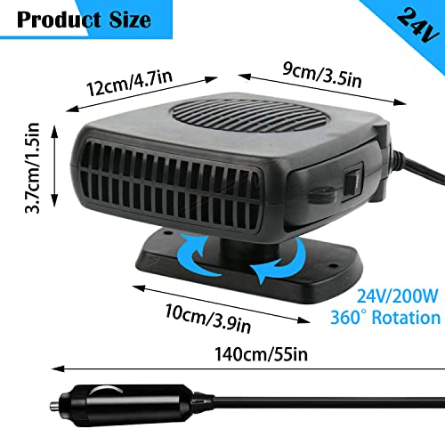 Portable Car Heater,200W 2 in 1 with Heating and Cooling Modes for Fast Heating Defrost Defogger, Automobile Windscreen Fan in Cigarette Lighter (24V)