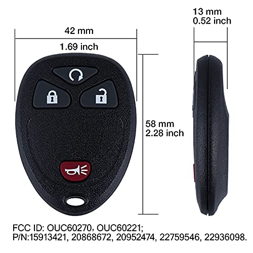 Keyless Entry Remote Control Car Key Fob for Chevy Equinox Avalanche Silverado Escalade Tahoe Suburban GMC Yukon Pontiac Torrent Saturn Outlook Vue OUC60270, OUC60221, Pack of 2