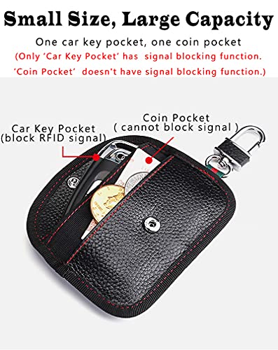 VAWcornic 2 Pack Faraday Bag for Car Key Fob, Genuine Leather Car Key RFID Signal Blocking Pouch Keyless Signal Block Key Case for Car Security Anti-Theft Remote Entry Smart Fob Protection – Black+Red