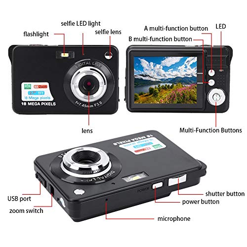 Digital Camera COMS Sensor 18MP, HD Digital Video Camera Auto Focus Camera with 8X Zoom, 2.7 Inch Screen, USB 2.0 Port, Builtin Speaker, Battery Operated, for Senior Kids(Black)