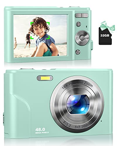 Digital Camera, Zostuic Autofocus 48MP Kids Camera with 32 GB Card Vlogging Camera with 16X Zoom, Compact Portable Mini Cameras for 4-15 Year Old Kids Children Teen Student Girls Boys(Green)