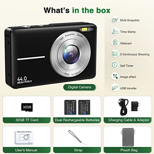 Digital Camera, Auto Focus Kids Camera,HOORUAN 1080P & 44MP Vlogging Digital Camera with 32GB Card, 16X Digital Zoom Compact Point and Shoot Camera, Portable Mini Kids Camera for Teens Students