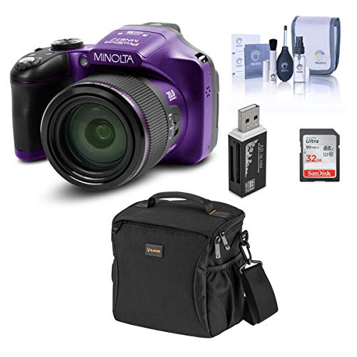 Minolta MN67Z 20MP Full HD Wi-Fi Bridge Camera with 67x Optical Zoom, Purple - Bundle with Shoulder Bag, 32GB SDHC Memory Card, Cleaning Kit, Card Reader