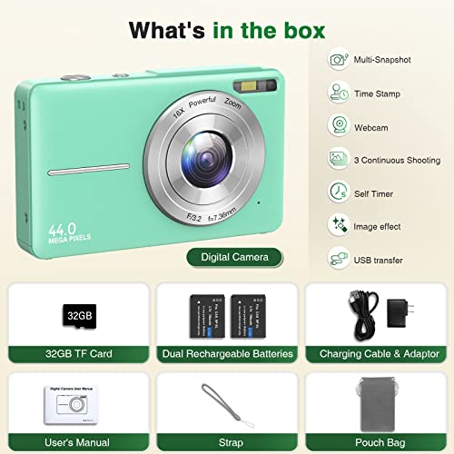 Digital Camera, Auto Focus Kids Camera,HOORUAN 1080P & 44MP Vlogging Digital Camera with 32GB Card, 16X Digital Zoom Compact Point and Shoot Camera, Portable Mini Kids Camera for Teens Students