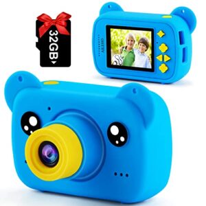 aileho kids camera for boys bear cartoon blue child video camera christmas toy birthday gifts for 3-8 year old starter toddler camera 8m 1080p with 32g card lcd screen 2.0″