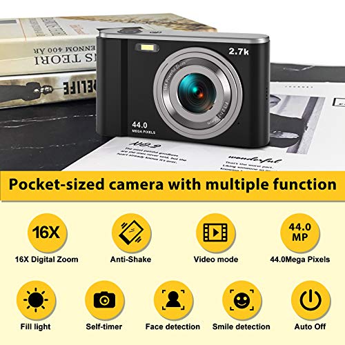 Digital Camera, Lecran FHD 2.7K 44.0 Mega Pixels Vlogging Camera with 16X Digital Zoom, 2.88" IPS Screen, Compact Portable Mini Cameras for Students, Teens, Kids (Black)