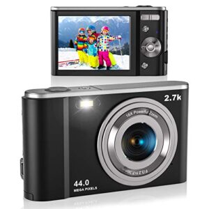 digital camera, lecran fhd 2.7k 44.0 mega pixels vlogging camera with 16x digital zoom, 2.88″ ips screen, compact portable mini cameras for students, teens, kids (black)