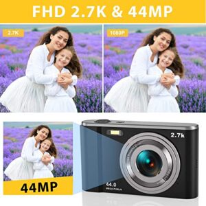 Digital Camera, Lecran FHD 2.7K 44.0 Mega Pixels Vlogging Camera with 16X Digital Zoom, 2.88" IPS Screen, Compact Portable Mini Cameras for Students, Teens, Kids (Black)