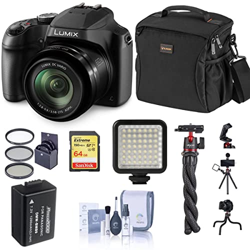 Panasonic Lumix DC-FZ80 Point & Shoot Digital Camera Bundle with 64GB SD Card, Bag, Extra Battery, Flexible Tripod, Mini LED Light, Filter Kit, Cleaning Kit