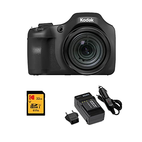 Kodak PIXPRO Astro Zoom AZ652-BK 20MP Digital Camera with 65X Optical Zoom and 3 Inch LCD (Black) Bundle with 32GB SDXC Card and Rechargeable Battery, and Charger Kit (4 Items)