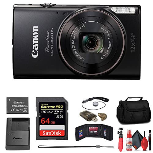 Canon PowerShot ELPH 360 HS Digital Camera (Black) (1075C001) + 64GB Memory Card + Case + Card Reader + Flex Tripod + Memory Wallet + Cap Keeper + Cleaning Kit (Renewed)