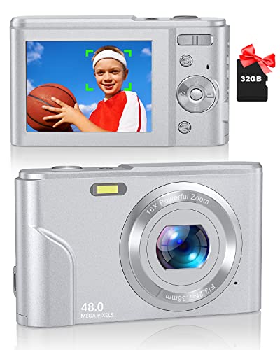 Digital Camera, Zostuic 48MP Autofocus Kid Camera with 32GB Card 1080P Video Camera with 16X Zoom, Compact Portable Small Cameras Christmas Birthday Gift for Children Kid Teen Student Girl Boy(Silver)