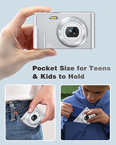 Digital Camera, Zostuic 48MP Autofocus Kid Camera with 32GB Card 1080P Video Camera with 16X Zoom, Compact Portable Small Cameras Christmas Birthday Gift for Children Kid Teen Student Girl Boy(Silver)