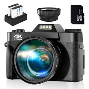 4k digital camera for photography and video, 48mp vlogging camera for youtube, autofocus 16x digital zoom travel camera with 32gb sd card,180 degree 3.0 inch flip screen, 2 batteries