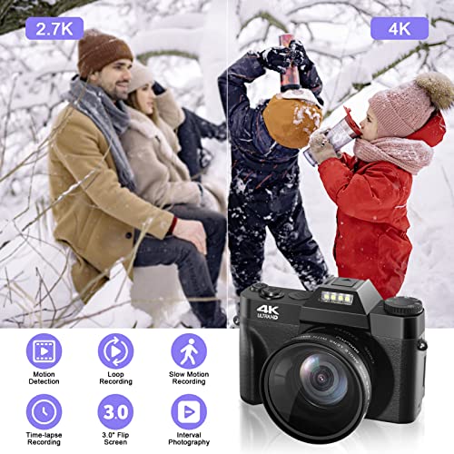 4K Digital Camera for Photography and Video, 48MP Vlogging Camera for YouTube, Autofocus 16X Digital Zoom Travel Camera with 32GB SD Card,180 Degree 3.0 inch Flip Screen, 2 Batteries