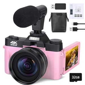4k digital cameras for photography, 16x digital zoom camera, video camera with wide-angle & macro lenses, flip screen vlogging camera for youtube, external microphone, 32gb tf card – pink