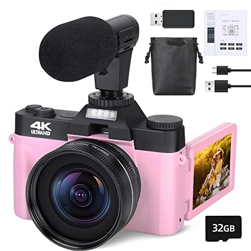 4K Digital Cameras for Photography, 16X Digital Zoom Camera, Video Camera with Wide-Angle & Macro Lenses, Flip Screen vlogging Camera for YouTube, External Microphone, 32GB TF Card - Pink