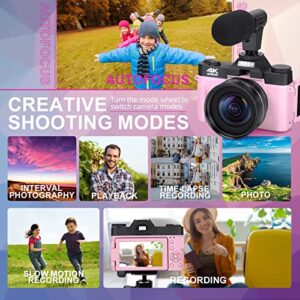 4K Digital Cameras for Photography, 16X Digital Zoom Camera, Video Camera with Wide-Angle & Macro Lenses, Flip Screen vlogging Camera for YouTube, External Microphone, 32GB TF Card - Pink