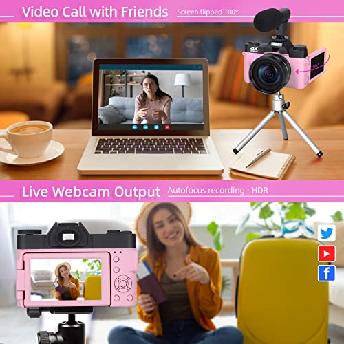 4K Digital Cameras for Photography, 16X Digital Zoom Camera, Video Camera with Wide-Angle & Macro Lenses, Flip Screen vlogging Camera for YouTube, External Microphone, 32GB TF Card - Pink