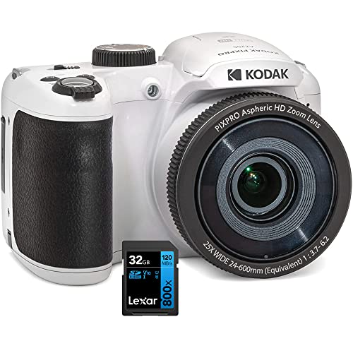 Kodak AZ255-WH PIXPRO Astro Zoom 16MP Digital Camera 25X Optical Zoom White Bundle with Lexar 32GB High-Performance 800x UHS-I SDHC Memory Card Blue Series