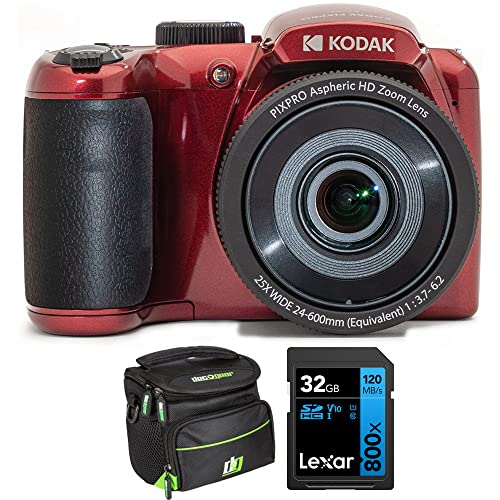 Kodak PIXPRO Astro Zoom AZ255-RD 16MP Digital Camera, 25X Optical Zoom, Red Bundle with Lexar 32GB High-Performance 800x UHS-I SDHC Memory Card + Deco Photo Camera Bag