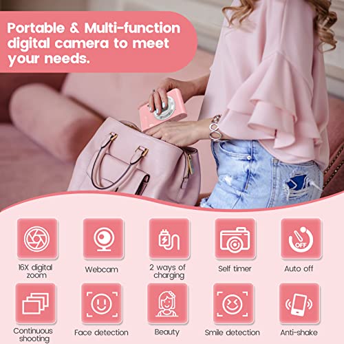 Digital Camera, HUMIDIER FHD 1080P 36MP 16X Digital Zoom Mini Vlogging Video Camera with Battery Charger, Compact Portable Cameras Point and Shoot Camera for Kids,Teens,Beginners (Pink)