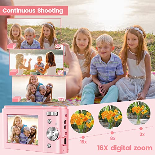 Digital Camera, HUMIDIER FHD 1080P 36MP 16X Digital Zoom Mini Vlogging Video Camera with Battery Charger, Compact Portable Cameras Point and Shoot Camera for Kids,Teens,Beginners (Pink)