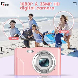 Digital Camera, HUMIDIER FHD 1080P 36MP 16X Digital Zoom Mini Vlogging Video Camera with Battery Charger, Compact Portable Cameras Point and Shoot Camera for Kids,Teens,Beginners (Pink)