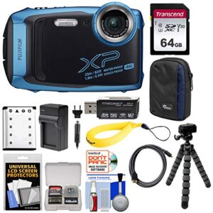 fujifilm finepix xp140 shock & waterproof wi-fi digital camera (sky blue) with 64gb card + battery + charger + case + tripod + kit