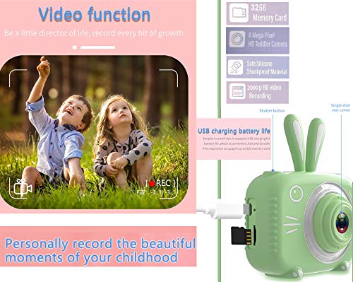 Kids Digital Camera, Kids Video Camera Recorder Shockproof Cameras HD 8 Mega Pixel 2 Inch IPS Screen Kids Mini Camera with 32GB SD for Girls Boys Gifts(Green)