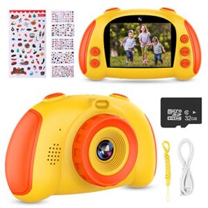 kids camera for boys girls – upgrade kids selfie camera, birthday gifts for girls age 3-9, hd digital video cameras for toddler, portable toy for 3 4 5 6 7 8 year old girl with 32gb sd card (yellow)