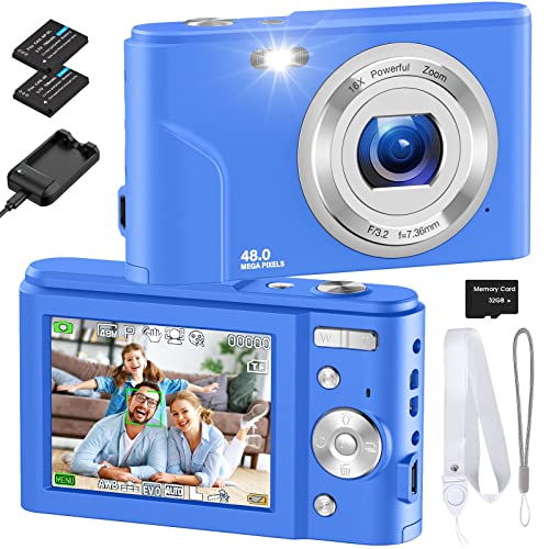 Digital Camera, RUAHETIL Autofocus FHD 1080P 48MP Kids Vlogging Camera with 32GB Memory Card, 2 Charging Modes 16X Zoom Compact Camera Point and Shoot Camera for Kids Teens (Blue)